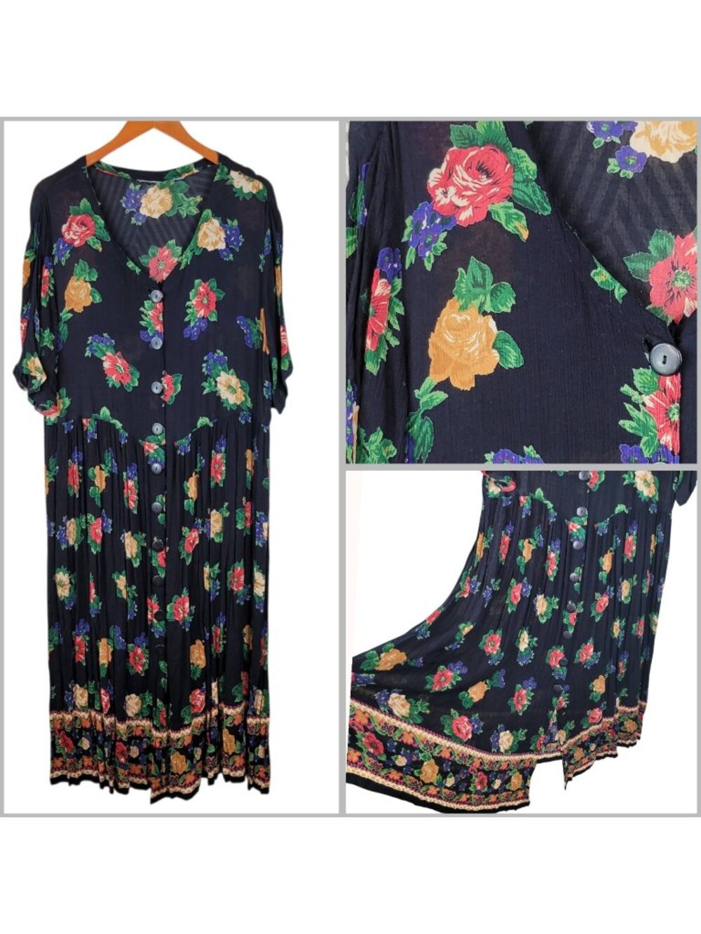 Gauze Midi Shirt Dress Floral XL 1X 2X Flowy Crepe Black Lightweight Vintage Alt